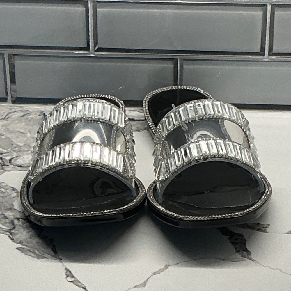 Lauren Lorraine Jane Black Rhinestone Embellished Clear Strap Slide Sandals 7‎